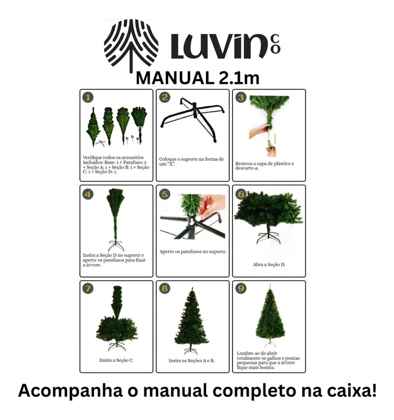 Árvore De Natal Pinheiro Grande Luxo Cheia Premium 2.10m 1200 Galhos Verde Tradicional Luvinco