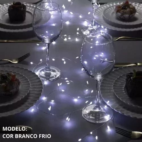 Fio Fada Cordão De Led 10m 100 Leds Fixo Pilha Branco Quente