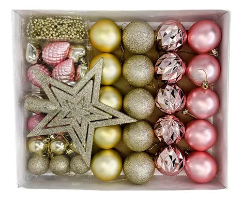 Kit Enfeites De Natal Bolas Estrela Dourado E Rosa Completo