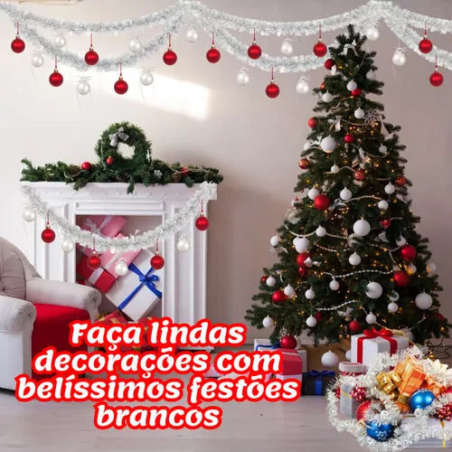 Kit 10 Festão De Natal Branco Cheio Decoração Enfeite Árvore