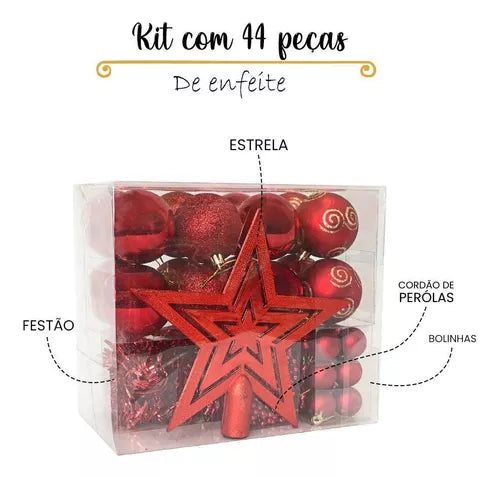 Kit Enfeite Natalino 44 Peças - Vermelho