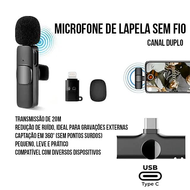 Kit Vlog - Microfone de Lapela Sem fio + Tripé com Controle remoto