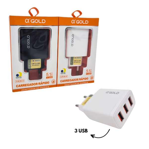 FONTE / CARREGADOR 3 USB 5.1A - AGOLD - CA36-4