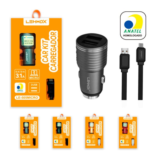 Kit 10 CARREGADORES VEICULAR 3.1A DUAL USB COM CABO MICRO USB / V8 - LEHMOX - LE-505