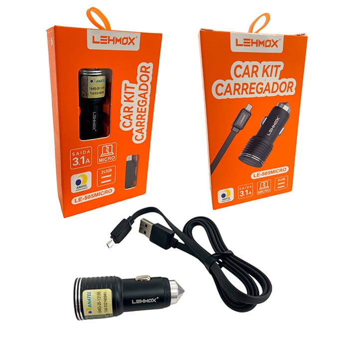 Kit 10 CARREGADORES VEICULAR 3.1A DUAL USB COM CABO MICRO USB / V8 - LEHMOX - LE-505