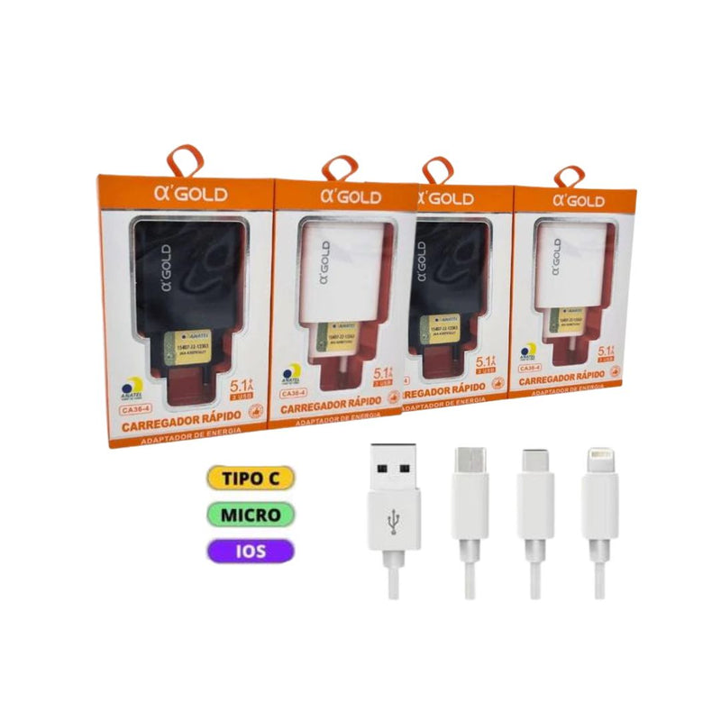 Kit 50 carregadores FONTE e CABO 3 USB 5.1A - AGOLD - CA36-4