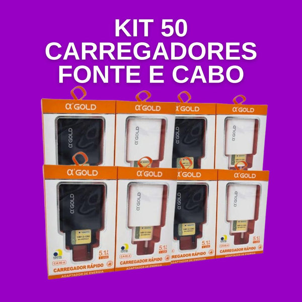 Kit 50 carregadores FONTE e CABO 3 USB 5.1A - AGOLD - CA36-4